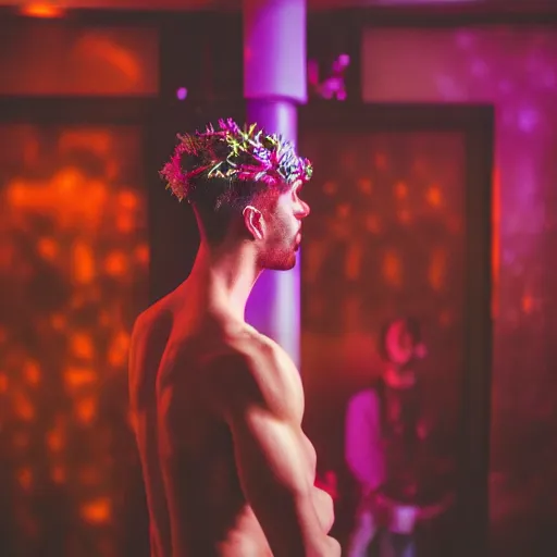 Image similar to close up kodak portra 4 0 0 photograph of a skinny guy standing in a vip club bathroom, back view, flower crown, moody lighting, telephoto, 9 0 s vibe, blurry background, vaporwave colors, faded!,