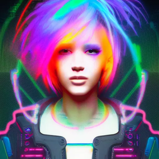 Prompt: a cyberpunk woman with rainbow hair wearing a mini skirt, vaporwave, glitch art, 9 0 s vhs aesthethic, digital art by wlop, by greg rutkowski, neon lights, octane render