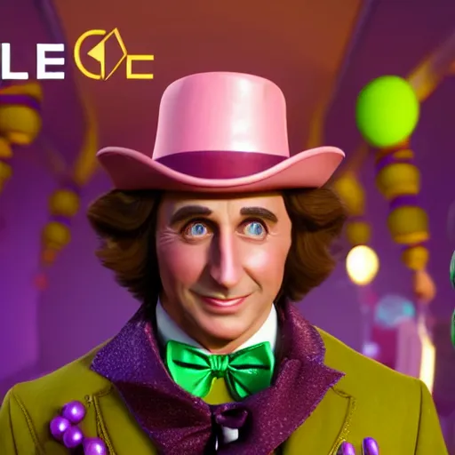 Image similar to still photo of willy wonka, bright studio setting, studio lighting, crisp quality and light reflections, unreal engine 5 quality render