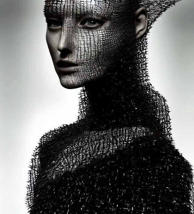 Image similar to photography face portrait of one female fashion model in rainforest, wearing one organic futurist cape designed by iris van herpen,, photography by paolo roversi nick knight, helmut newton, avedon, and araki, sky forest background, natural pose, highly detailed, skin grain detail