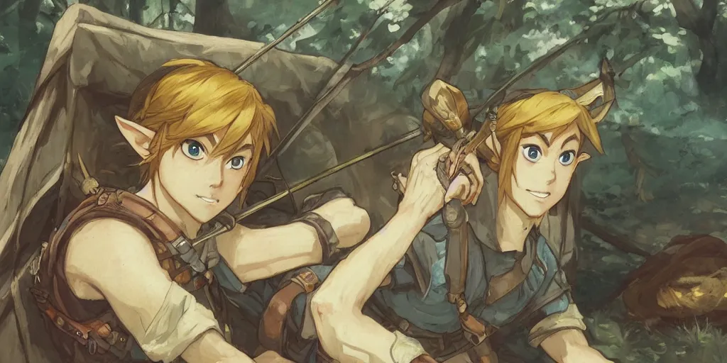 Image similar to cinematic full anime portrait of link from zelda resting with his bow at his tent. intricate, elegant, highly detailed, digital art, artstation, concept art, smooth, sharp focus, illustration, by stanley artgerm, greg rutkowski, studio ghibli, alphonse mucha, norman rockwell 8 k