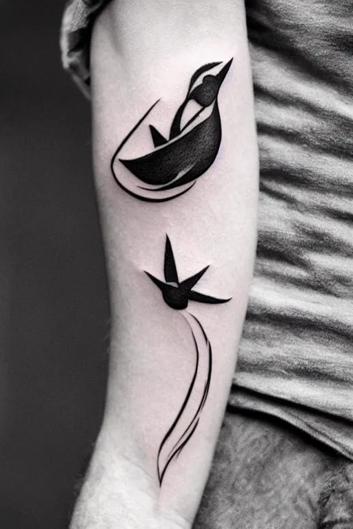 Image similar to a simple tattoo design of minimalist flying birds in spirals, black ink, abstract logo, line art