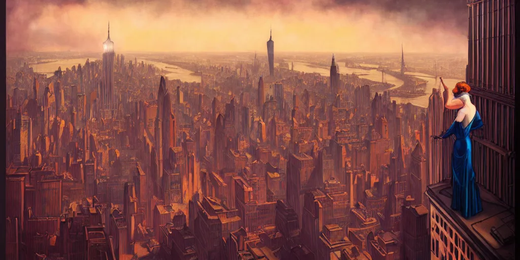 Image similar to a woman standing on a ledge overlooking an axonometric 1920s New York City at dawn, by Rolf Armstrong and Evelyn De Morgan and Bastien Lecouffe-Deharme, dramatic lighting, high contrast colors, baroque, empyrean, panoramic view, as trending on Artstation, highly detailed, cryengine,