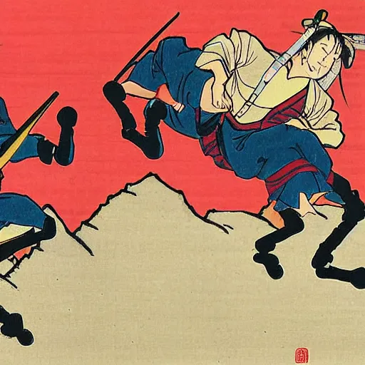 Image similar to ninjas jumping off horses to fight samurai manga style ukiyoe style