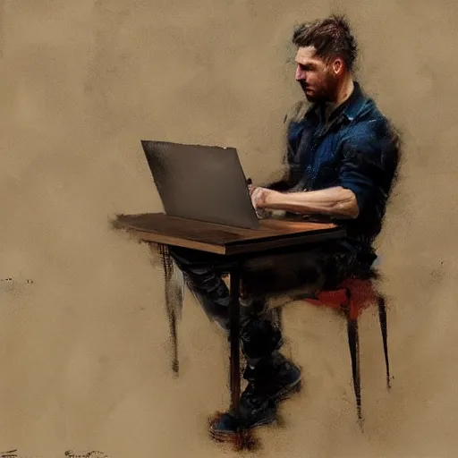 Image similar to a realistic hyperdetailed digital oil full body portrait painting of a man playing on a computer, sitting at a restaurant, beer in hand, in the style of guy denning, ruan jia, and craig mullins. trending on artstation and deviantart. cgsociety digital art.