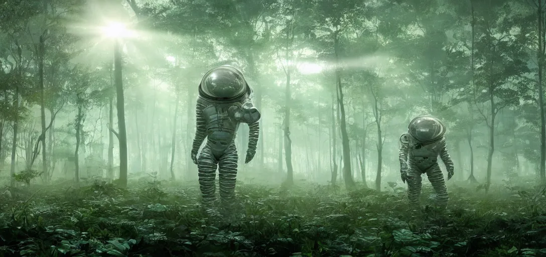 Image similar to an astronaut looking at a complex organic fractal metallic symbiotic ceramic humanoid megastructure creature in a swampy lush forest, foggy, sun rays, cinematic shot, photo still from movie by denis villeneuve, wayne barlowe