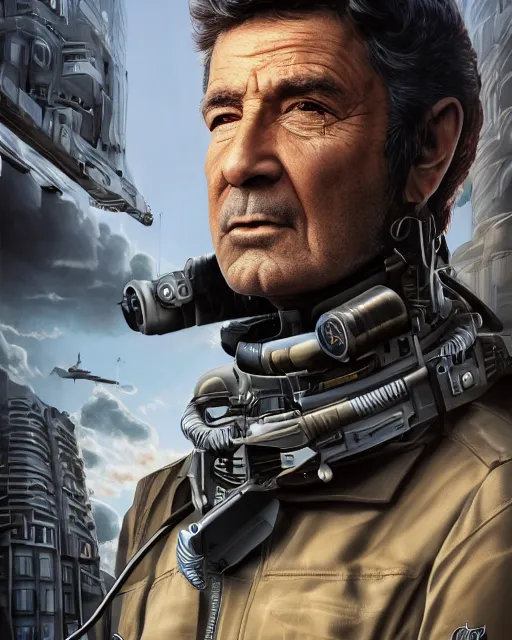 Image similar to detailed portrait of lieutenant columbo as a cyborg, advanced technology, city, sunny day, scifi, atmosphere, professional, 8 k high definition, insanely detailed, intricate