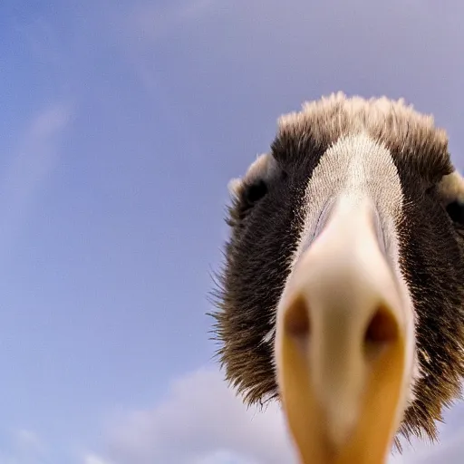 Prompt: fish eye lens photo of a goose’s beak right into the camera, farm