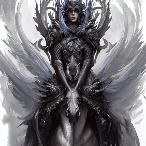 Image similar to concept art by artgerm, death of the four horsemen of the apocalypse, soft grey and blue natural light, intricate, queen of death riding, highly detailed dark art, digital painting, artstation, concept art, smooth, sharp focus, illustration, art by greg rutkowski and luis rollo and uang guangjian and gil elvgren, symmetry!