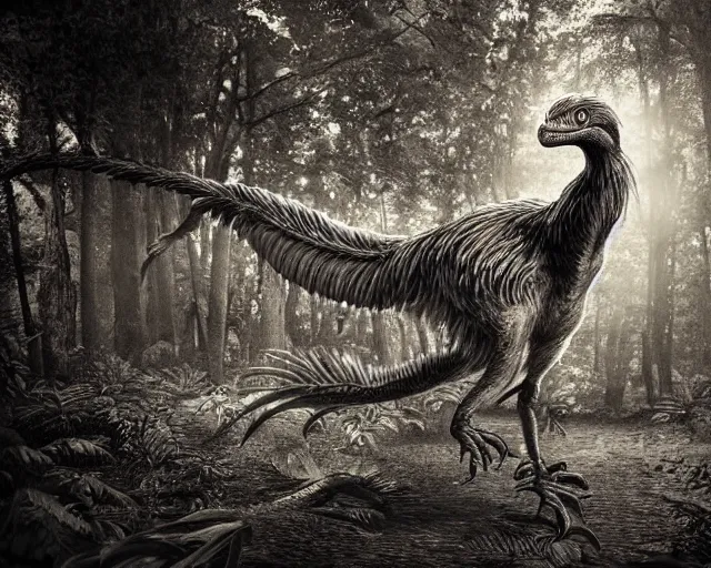 Prompt: hyper realistic vintage photograph of a real feathered velociraptor in a forest, ultra detailed, grain, old, monochrome, sepia toned, realistic lighting, wide angle, prehistoric planet, jurassic park