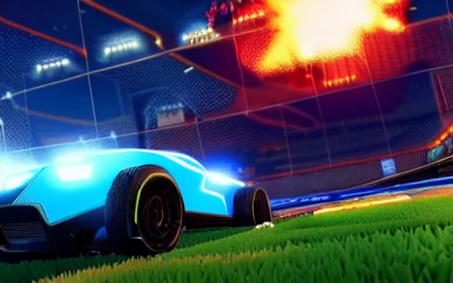 Image similar to rocket league goal, car soccer, ball exploding, dramatic lighting, moody lighting, muted color, 4 k, hq, octane render, dynamic angle, marketing, promotional.