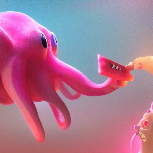 Image similar to a cute pink octopus playing videogames, digital art, trending on artstation, cgsociety, octane render, RPG portrait, dynamic lighting, hyperrealistic