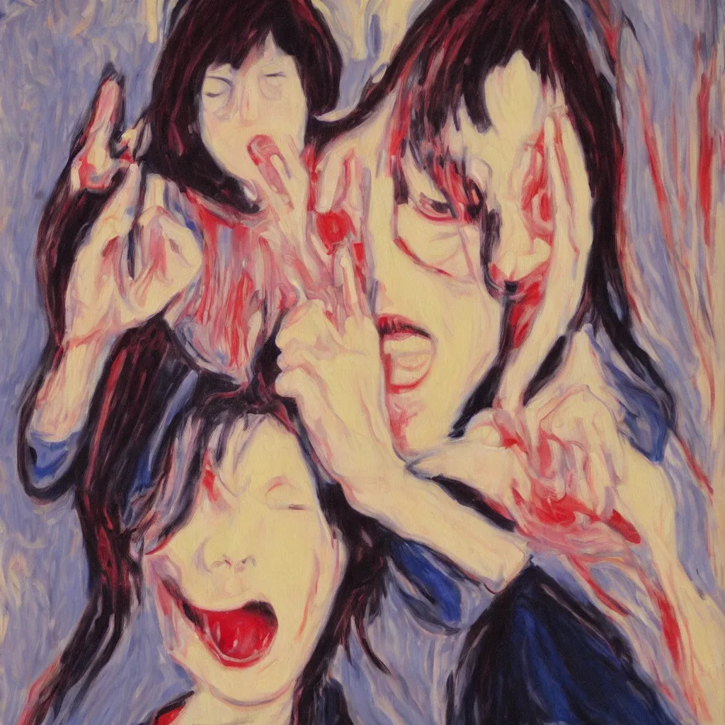 Prompt: an oil painting of yui hirasawa with the style of the scream by edvard munch