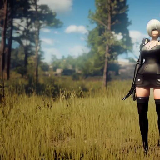 Image similar to Film still of 2B nier automata wearing skintight clothes in a field, from Red Dead Redemption 2 (2018 video game), trending on artstation, artstationHD, artstationHQ