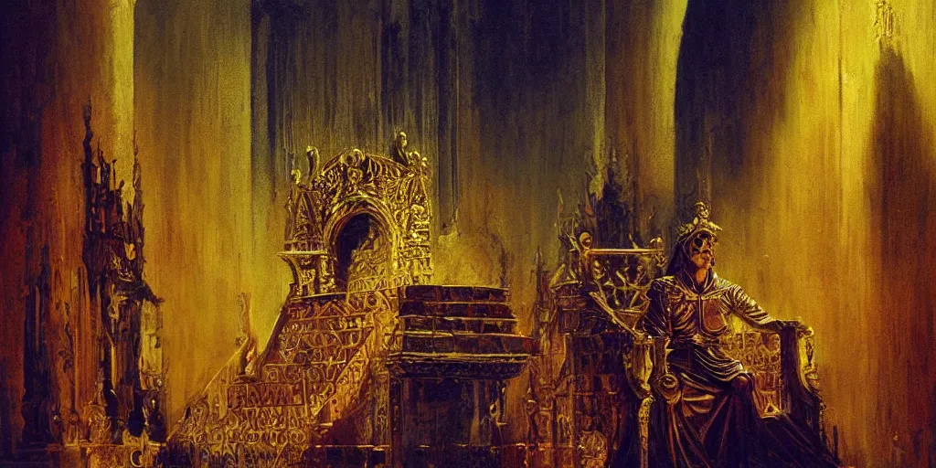 Prompt: a medieval king sitting on a golden throne led by stairs leaning on a shiny sword in a palace, illuminated by glowing light behind the throne, beksinski and syd mead cinematic colorful painting