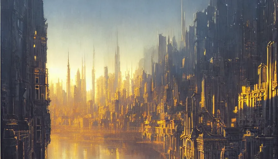 Image similar to city of golden shadows, intricate detailed painting, cityscape, john harris, reflective lighting