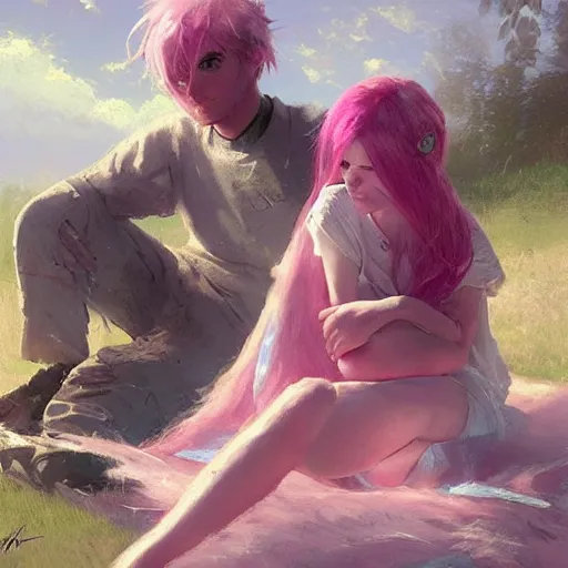 Prompt: a girl and a boy with pink hair sitting on a blanket, in love. By greg rutkowski and thomas kinkade, trending on artstation.