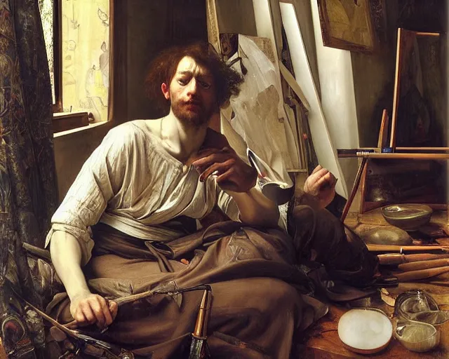 Image similar to an exhausted painter in his studio by edgar maxence and caravaggio and michael whelan, intricate painting, hyper realistic, extremely detailed and beautiful aesthetic face, 8 k resolution