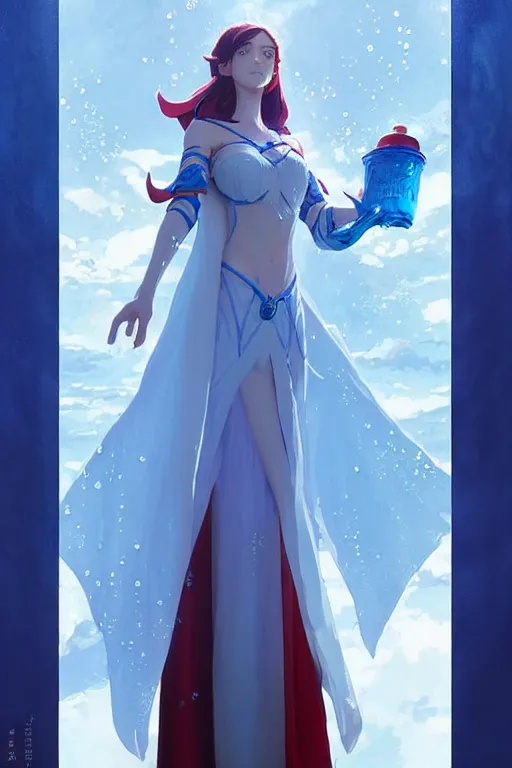 Image similar to elf female sorcerer doing water magic spells, blue robes, red hair, finely detailed perfect face, exquisite details, mid view, design on a white background, by studio muti, greg rutkowski makoto shinkai takashi takeuchi studio ghibli