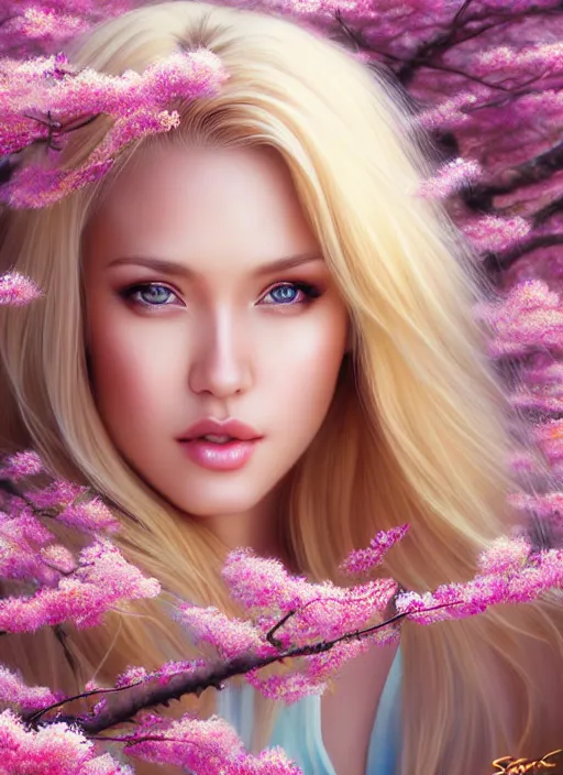 Image similar to photo of a gorgeous blonde female in the style of stefan kostic, realistic, half body shot, sharp focus, 8 k high definition, insanely detailed, intricate, elegant, art by stanley lau and artgerm, extreme blur cherry blossoms background