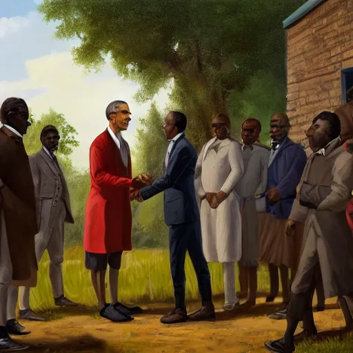 Image similar to painting of president obama meeting solomon northup and shaking hands, sunny day, 4 k