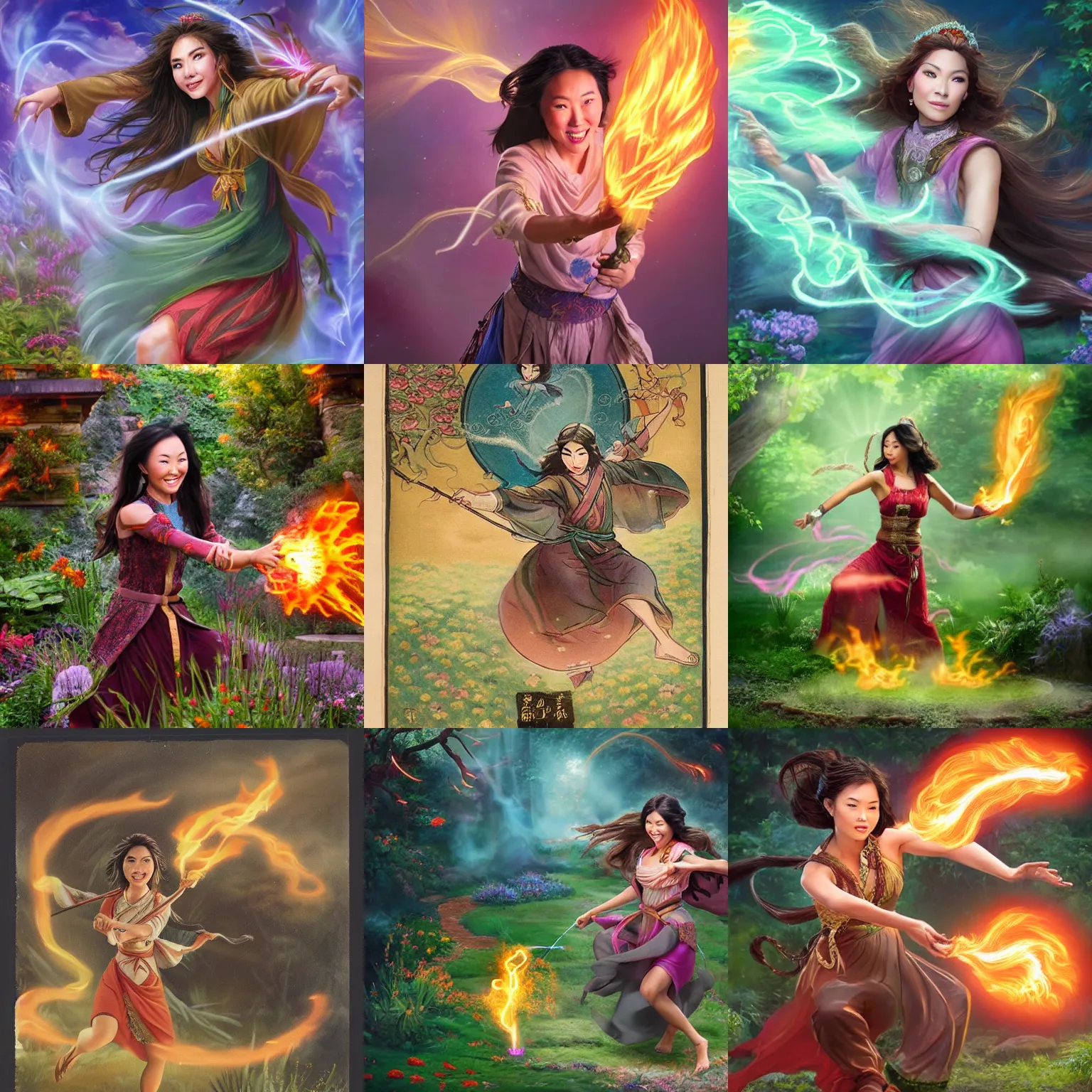 Prompt: breathtaking female character portrait, smiling hapa sorceress chasing will-o-wisps casting a fireball in a garden, goddess