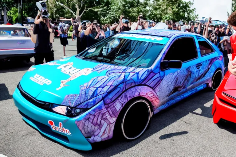 Image similar to mark Zuckerberg and his anime wrapped honda civic at a car show