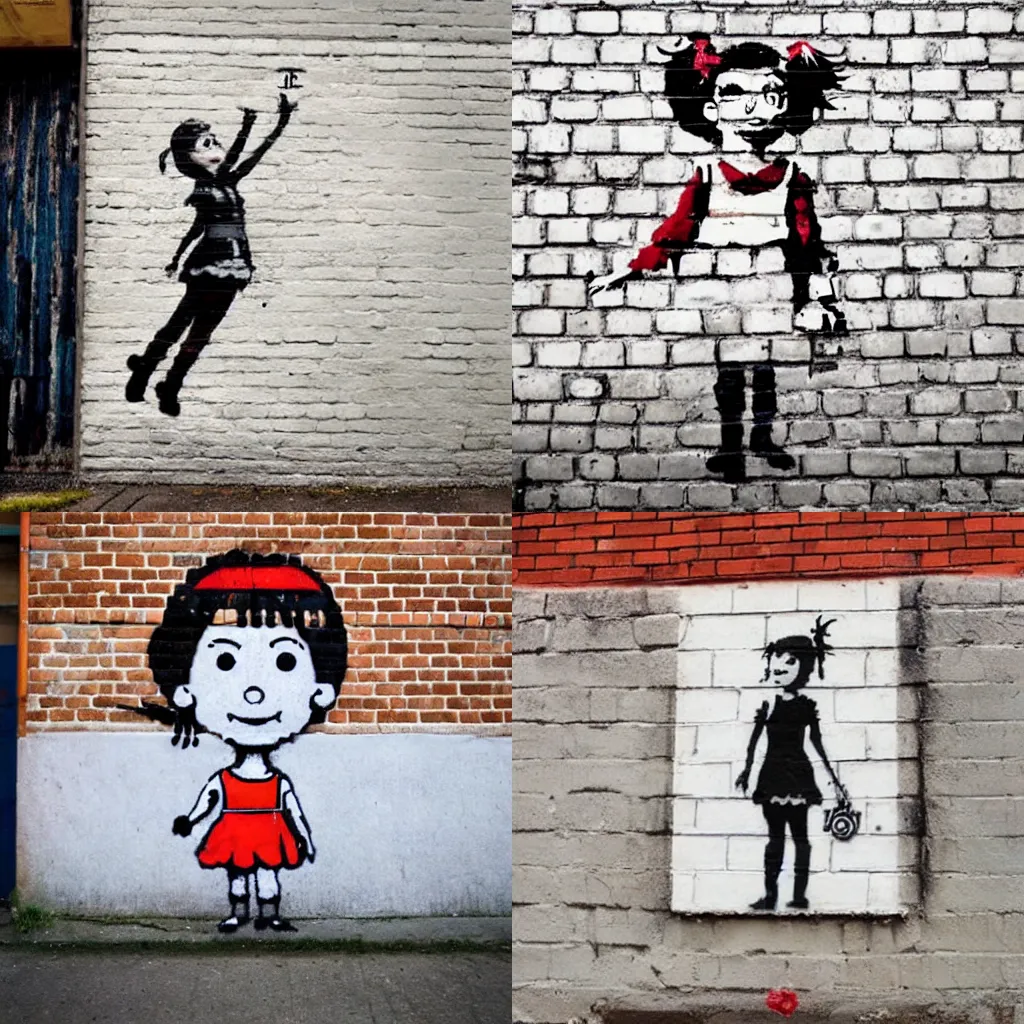 Prompt: pippi longstocking in the style of banksy on a brick wall