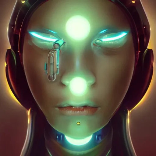 Image similar to a realistic detailed beautiful portrait of a cybernetic woman,glowing orb in her mouth, cyberpunk concept art, digital art, highly detailed, intricate, sci-fi, sharp focus, Trending on Artstation HQ, deviantart, unreal engine 5, 4K UHD image, hyperrealistic, photorealistic, art by artgerm and greg rutkowski and alphonse mucha