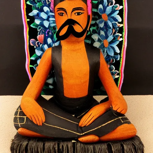 Prompt: mustachioed mexican vaquero sitting lotus position, mexican folk art