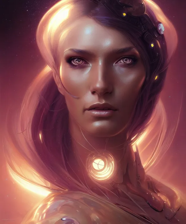 Image similar to futuristic woman portrait, sci-fi, amber eyes, face, long hair, fantasy, intricate, elegant, highly detailed, digital painting, artstation, concept art, smooth, sharp focus, illustration, art by artgerm and greg rutkowski and alphonse mucha