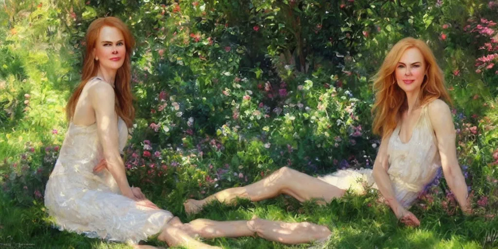 Prompt: portrait of nicole kidman in the garden, morning, highly detailed, ultrarealistic oil painting, vladimir volegov, artstation