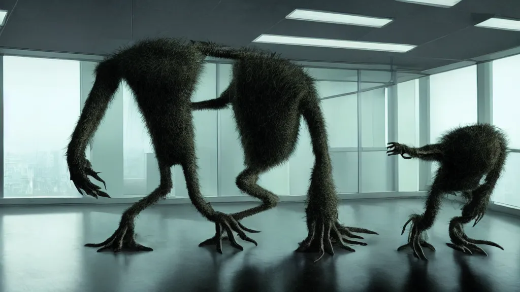 Prompt: the creature in the high tech office building, it is furious, film still from the movie directed by denis villeneuve and david cronenberg with art direction by salvador dali