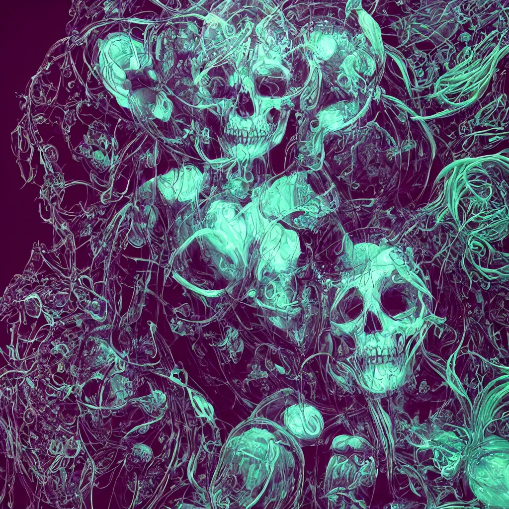 Image similar to close-up portrait goddess skull, thorax, x-ray, backbone, jellyfish phoenix head, nautilus, orchid, betta fish, bioluminiscent creatures, dark deep complex air bubbles in background, intricate artwork by Tooth Wu and wlop and beeple. octane render, trending on artstation, greg rutkowski very coherent symmetrical artwork. cinematic, black and white, contrasted, hyper realism, high detail, octane render, 8k