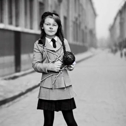 Prompt: photo of cute soviet schoolgirl, holding bagels on a rope, street of moscow, shallow depth of field, cinematic, 8 0 mm, f 1. 8