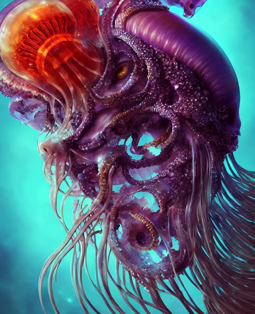 Image similar to goddess close-up portrait animal skull. jellyfish phoenix head, nautilus, orchid, skull, betta fish, bioluminiscent creatures, intricate artwork by Tooth Wu and wlop and beeple. octane render, trending on artstation, greg rutkowski very coherent symmetrical artwork. cinematic, hyper realism, high detail, octane render, 8k