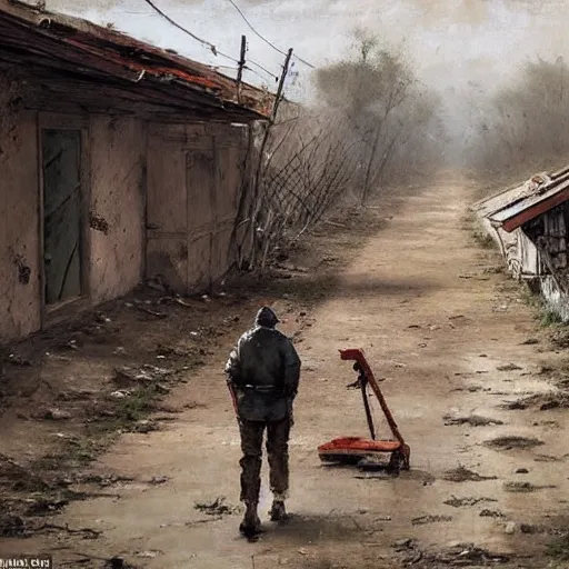 Image similar to painting by jakub rozalski of a person walking with a wheelbarrow in an abandoned post soviet town infested with root monsters