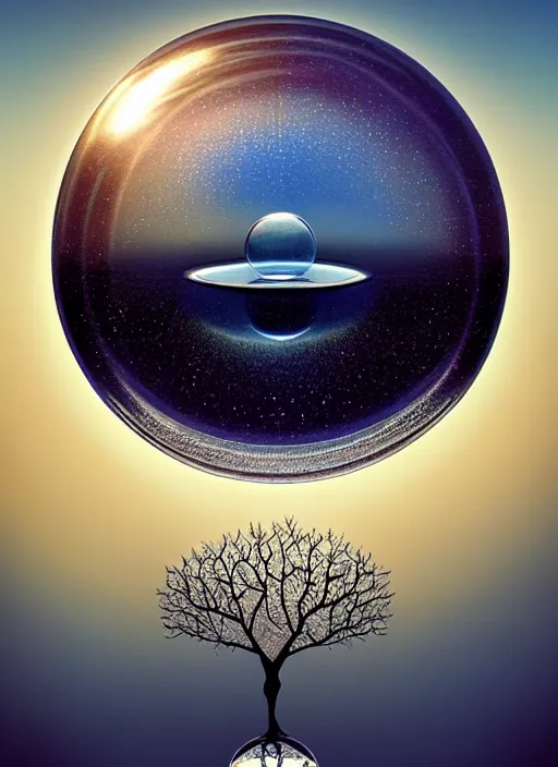 Image similar to transparent horizontally centered crystal ball floating over a serene lake, tree of life inside the ball, intricate details, radiant light, reflections on the water, ripples, moody sky, hyperdetailed illustration by yuumei, by mark brooks, john harris, artstation, low global light, coherent composition