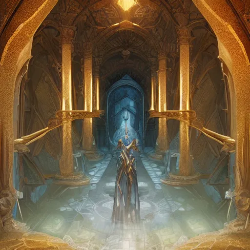 Prompt: the throne room of an elven castle, very sofisticated, marble and gold, by peter mohrbacher and dan mumford and nekro, cgsociety, volumetric light, 3 d render