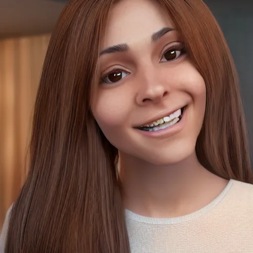 Image similar to Render of April, a cute 3D young woman, long shiny bronze brown hair, full round face, green eyes, light tan skin, a few cute freckles, light blush, smiling softly, wearing casual clothing, interior lighting, cozy living room background, medium shot, mid-shot, hyperdetailed, hyperreal, trending on Artstation, Unreal Engine 4k