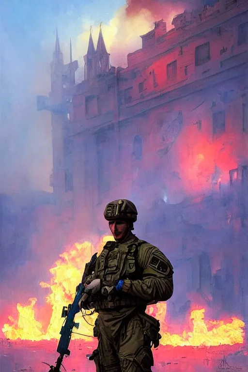 Image similar to special forces soldier with ukrainian blue and yellow flag watching red square burn, masculine figure, d & d, fantasy, bright atmosphere, volumetric lights, intricate, elegant, extremely detailed, digital painting, artstation, concept art, matte, smooth, sharp focus, hyper realistic, illustration, art by artgerm and greg rutkowski and alphonse mucha