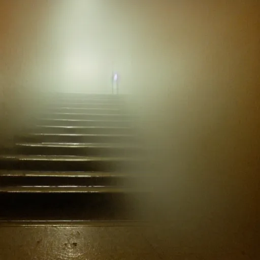 Image similar to Beautiful Fuzzy wide-eye-lens 15mm, harsh flash, cameraphone 2000s, Photograph of foggy school stairs with water on the floor