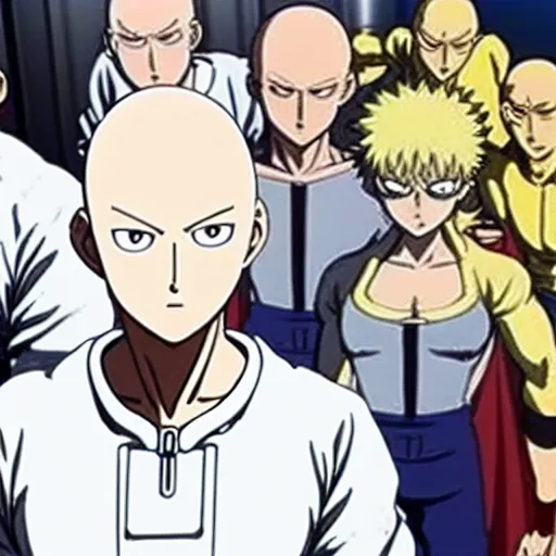 Image similar to saitama one punch man dressed as a baker, in a bakery kitchen, baking french baguette, one punch man instagram thirst trap photo shoot, perfect faces, clear focus