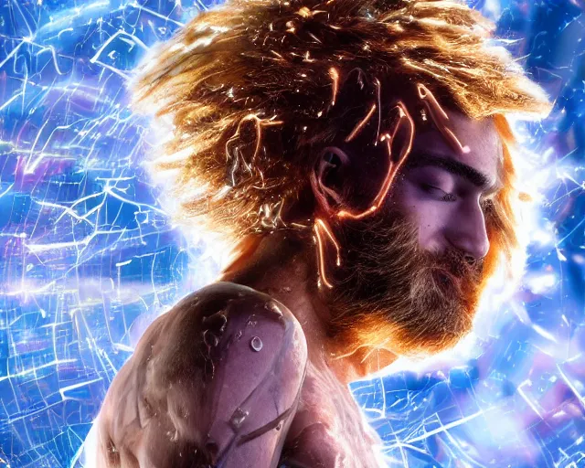 Image similar to glowing hair, complex cybernetic beings, beautiful hairy humanoids, cybergods, cybermagnetosphere, cybernetic civilizations, ornate hair, love, joy, vortexes, large arrays, data holograms, 8 k, cinematic light shadows, wet hdr refractions