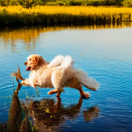 Prompt: a golden retriever puppy riding on the back of a swan, near a pond, flowers everywhere, golden hour, beautiful landscape,