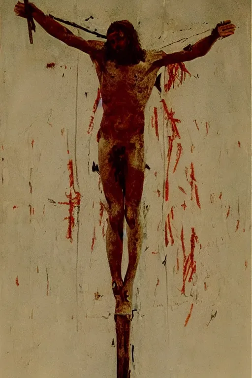 Image similar to bloody christ crucified and the light of god in the sky painted by cy twombly and andy warhol