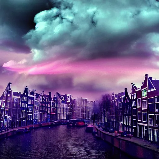 Prompt: apocalyptic amsterdam with psychedelic clouds in the year 2 1 4 5. 8 k, blue, pink, purple. ambient lightning, haze, fog, glow, sunset, digital art.