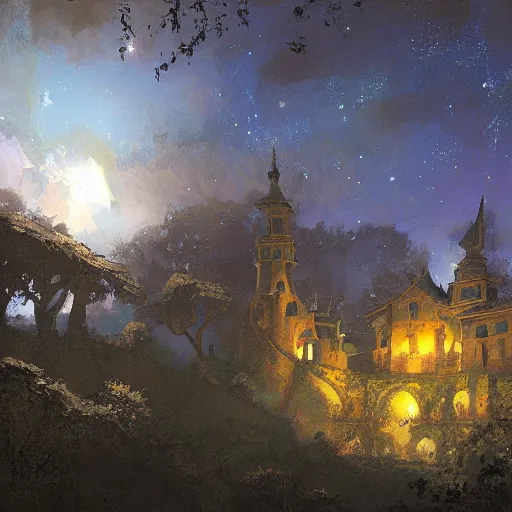 Image similar to a renaissance castle in a forest with a glowing night sky, upward angle, by craig mullins