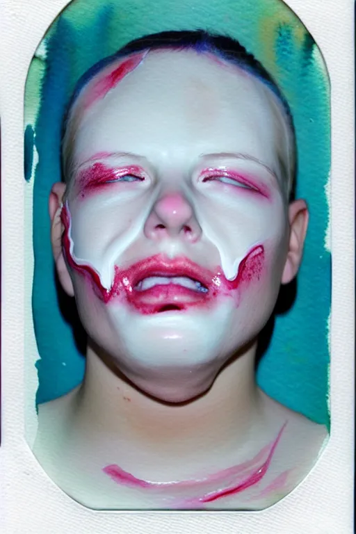 Prompt: watercolor, a liquid white clay porcelain portrait of a face melt down flow go runny, body painted with white thick fluid, realistic detailed watercolor polaroid, grainy image, contrast