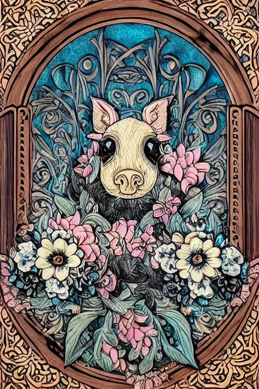 Image similar to Painted dark-wood panel relief carving of a close up of a Flowerpunk Piglet, White and pale blue toned, ornate border frame, explosion of colorful flowers, dark wood, intricately carved, black ink, festival of rich colors, intricate details, cinematic lighting, volumetric lighting, post-processing, art nouveau, tarot, fractal art, mandala, by andreas rocha and john howe, and Martin Johnson Heade, featured on artstation, featured on behance, golden ratio, hyper detailed, photorealistic, epic composition, center spotlight, f32, well composed, symmetrical, UE5, 8k
